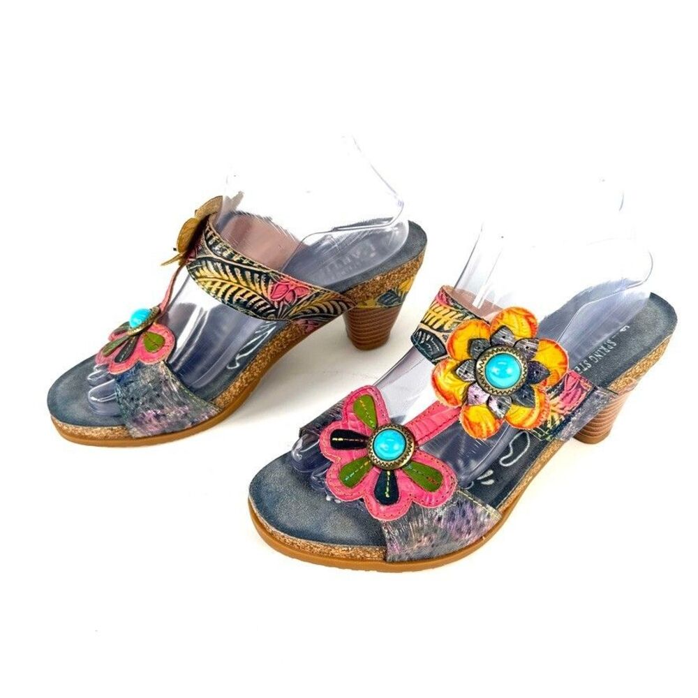 L'Artiste Spring Step Erbal Leather Floral Heeled Slide Sandals EU 40 Multicolor